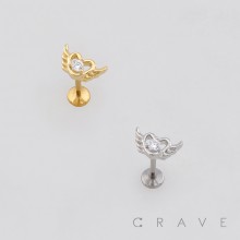 BEZEL CZ HEART AND ANGEL WING 316L SURGICAL STEEL THREADLESS PUSH-PIN LABRET SET